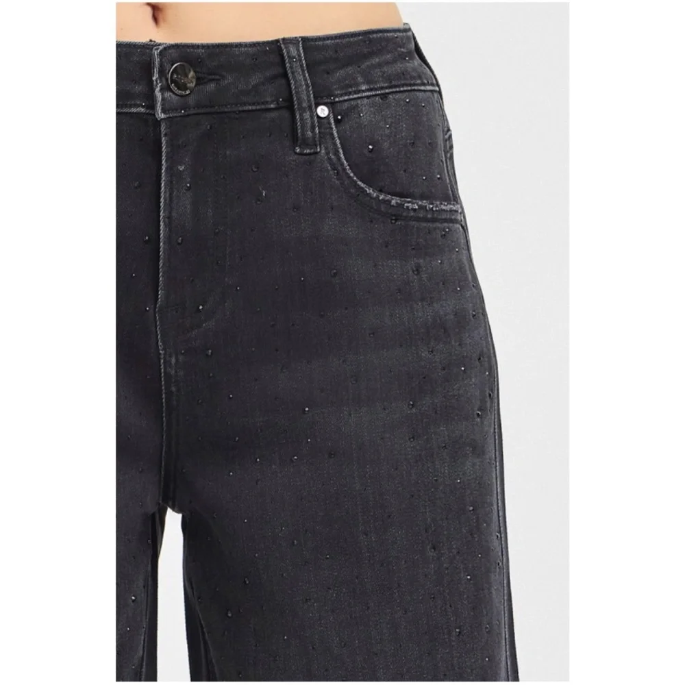 Mineral Wash Black  Rhinestone Detail Raw Hem Denim Shorts Jorts